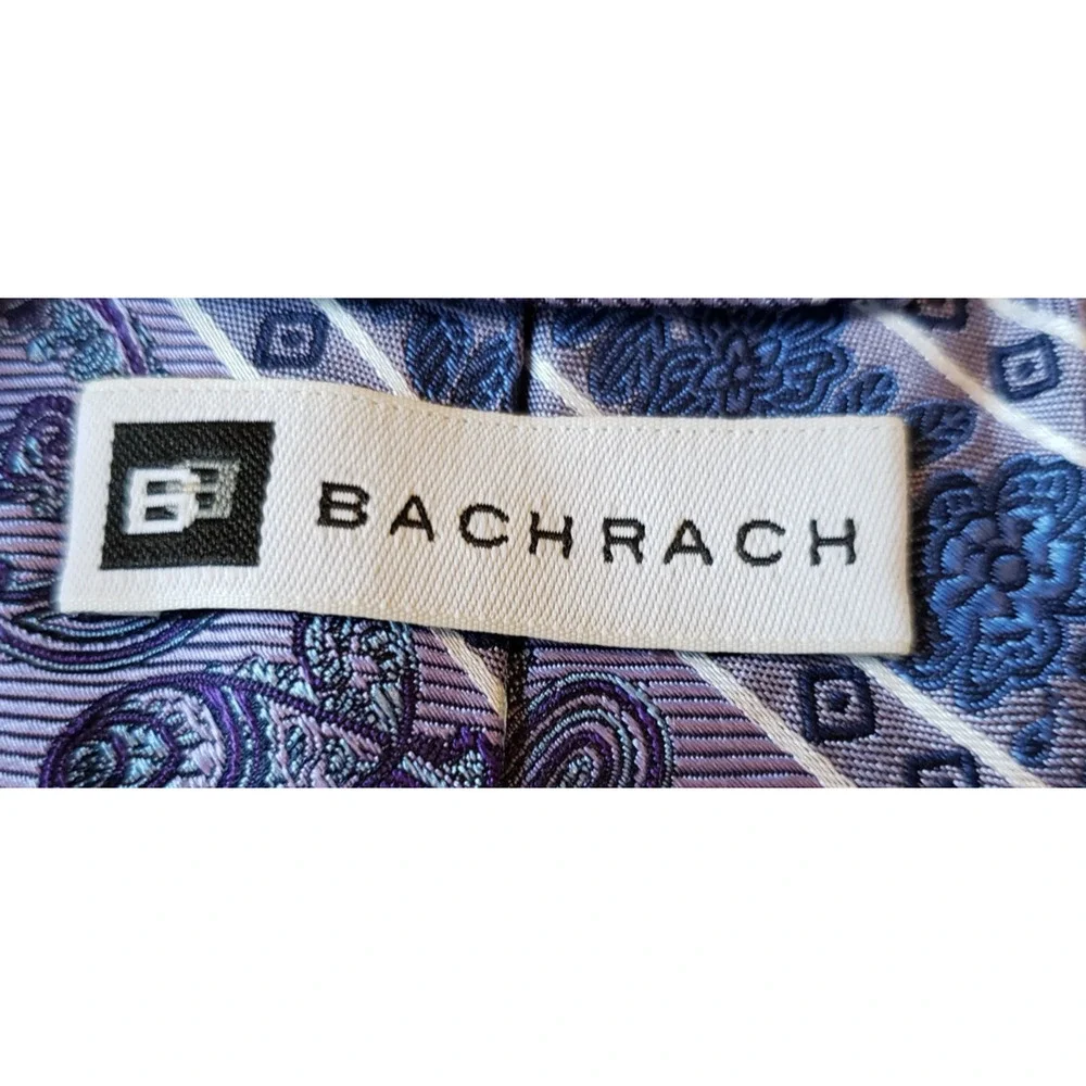 Bachrach 100% Silk Necktie Purple Striped Paisley Pattern Tie